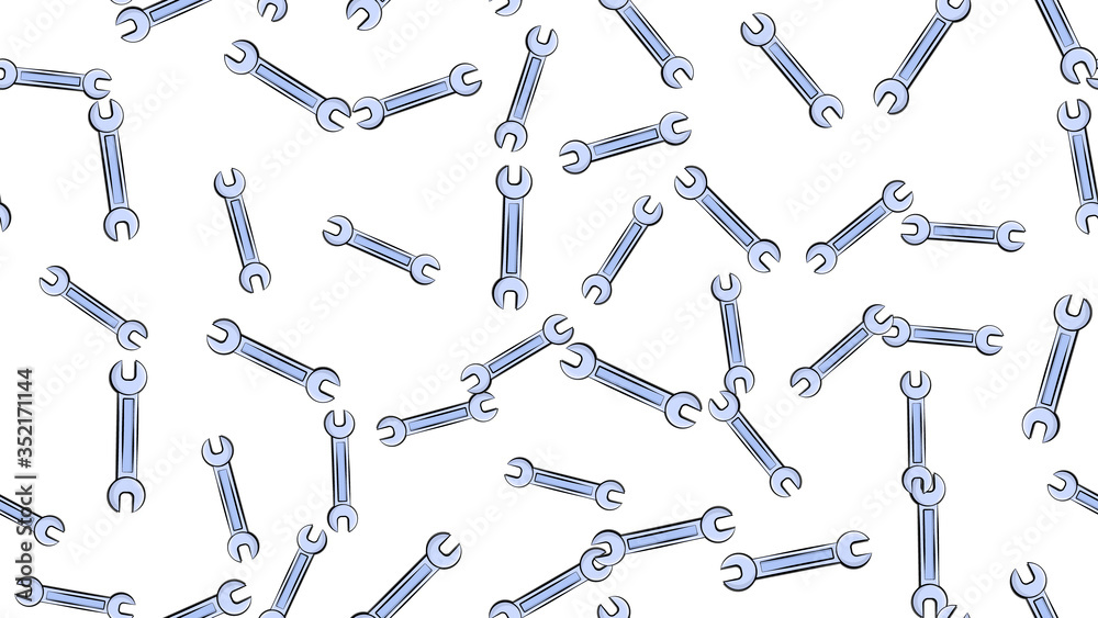 Naklejka premium Texture, seamless pattern of metal iron blue gas spanners, metalworker building repair for loosening and tightening the nuts and bolts on a white background. Vector illustration