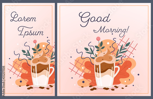 Design template for social media story and post. Glass of cappuccino or dalgona coffee with copy space for text. Promotion, ad, sale - layout for account of coffee shop. Cozy autumn aesthetic palette