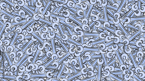 Texture, seamless pattern of metal blue iron spanners construction repair keys for loosening and tightening the nuts and bolts on the background. Vector