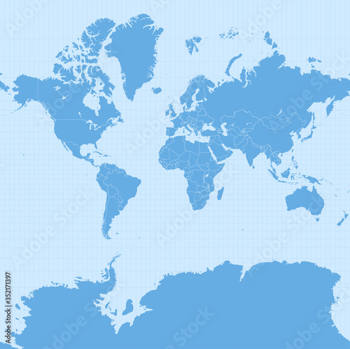 World map in Web Mercator projection (WGS 84 / Pseudo-Mercator, Spherical Mercator projection, EPSG:3857). Detailed vector Earth map with countries’ borders and 5-degree grid. photo