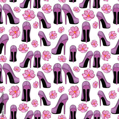 seamless pattern, pink women's shoes and flowers, wardrobe item, wallpaper and fabric ornament, wrapping paper, scrapbooking
