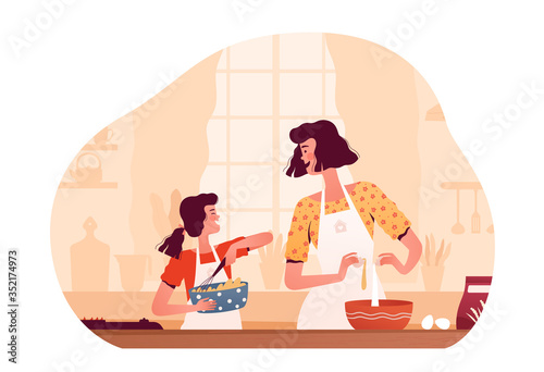 Cheerful mom and daughter cook together at home in the kitchen. The concept of happy motherhood and joint activities with children. Isolated on a white background