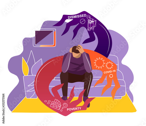 Psyhical and Financial Problems concept. Depressed man thinking about money. Economic Crisis, Bankruptcy. Dismiss, layoff, fired. No money. Coronavirus crysis. Cartoon Cartoon flat vector illustration
