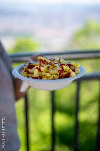 Photography Chica con un plato de patatas fritas en la cima de Uetliberg en zurich