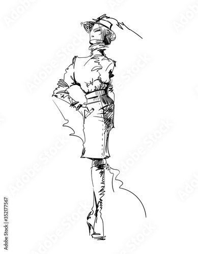 Hand drawn young fashion woman on isolated background. Line drawing art sketch of girl model. Lady in hat, pencil skirt, blouse and over knee boots. Female in freehand style. Vector stock illustration