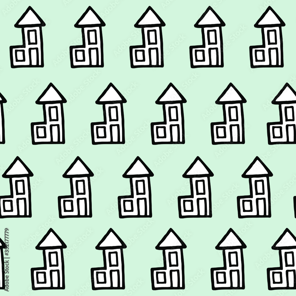 Simple doodle pint with cozy homes on blue background. White houses are located in chaotic style. Seamless pattern for design interiors and children’s goods.Vector illustration. 