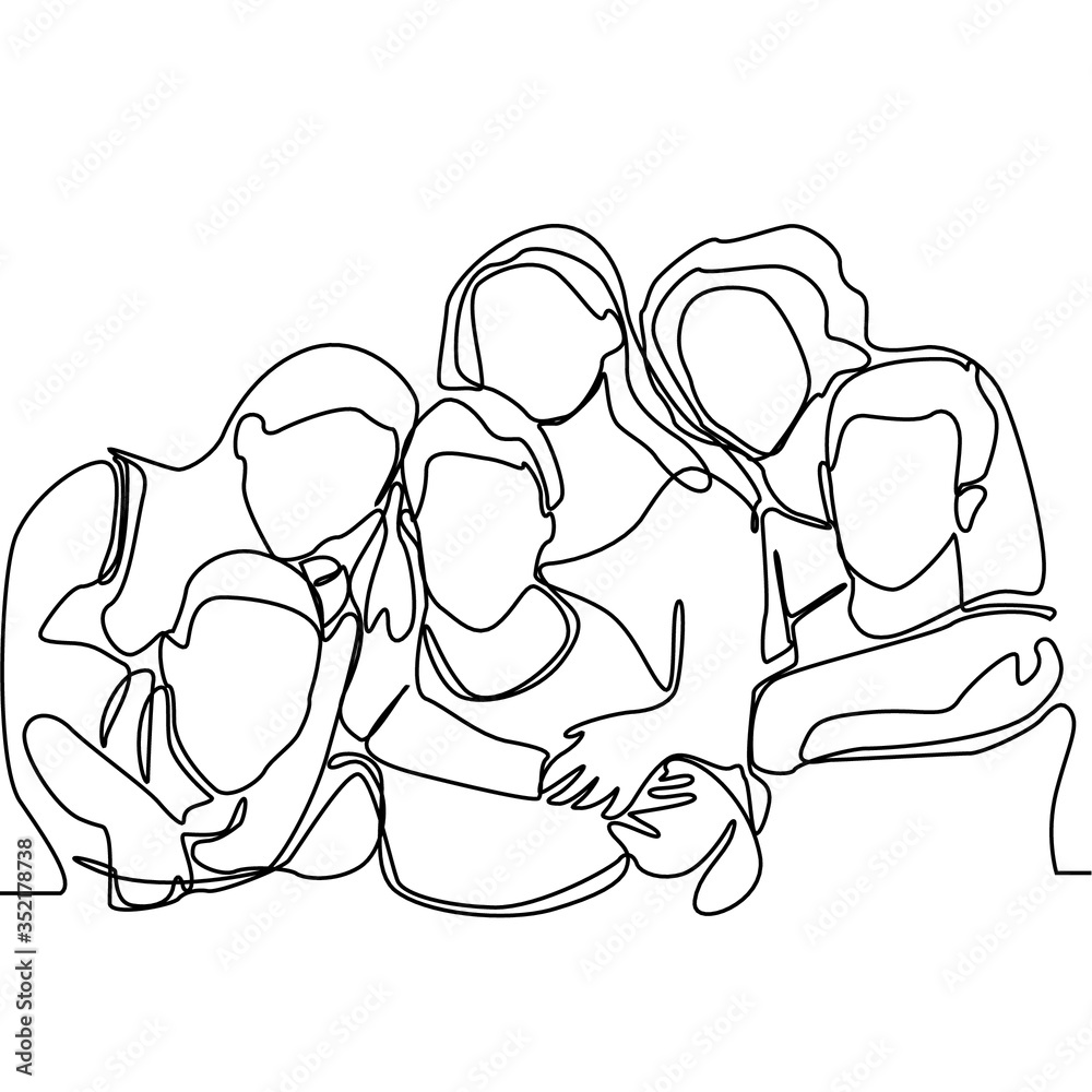 Vecteur Stock Continuous line drawing of some friends are hugging and ...