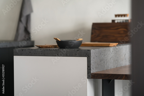 Modern minimalistic kitchen interior with concrete terrazzo countertop