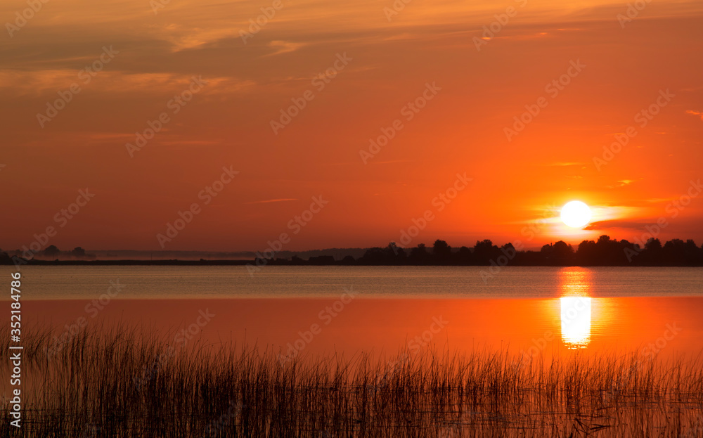 Summer lake at dawn, nature background.