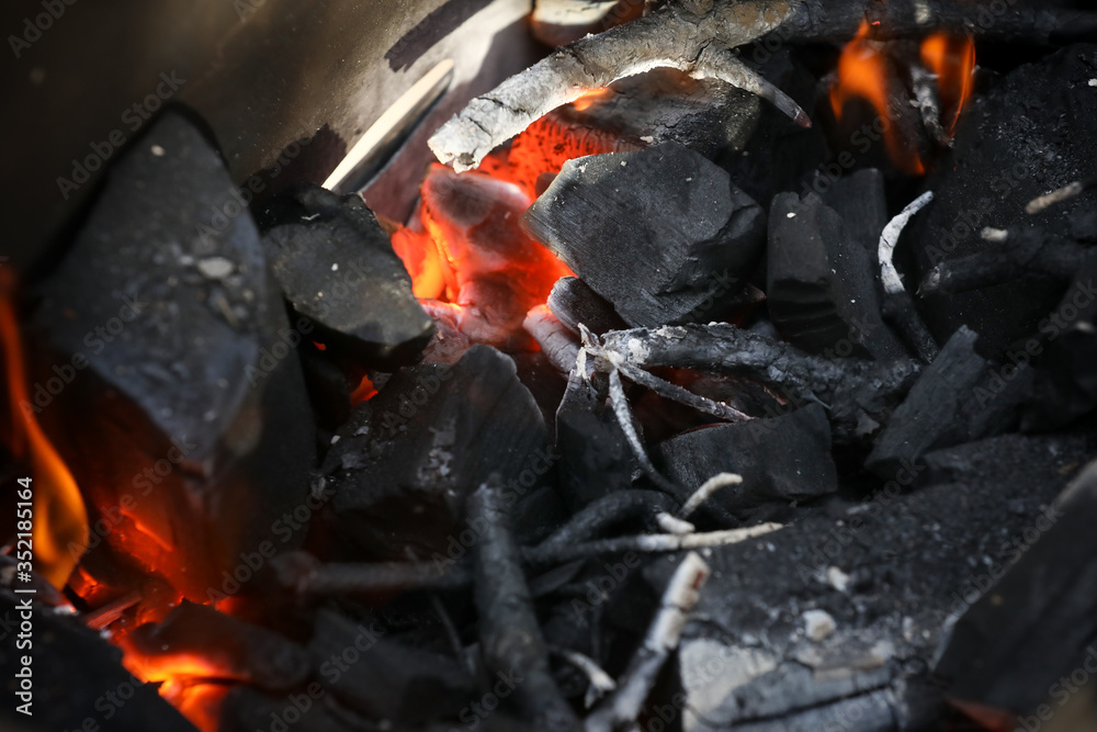 Fire with coals on a picnic . Preparing coals for cooking meat. Outdoor activities. Fire with coals on a picnic . Preparing coals for cooking meat. Outdoor activities.