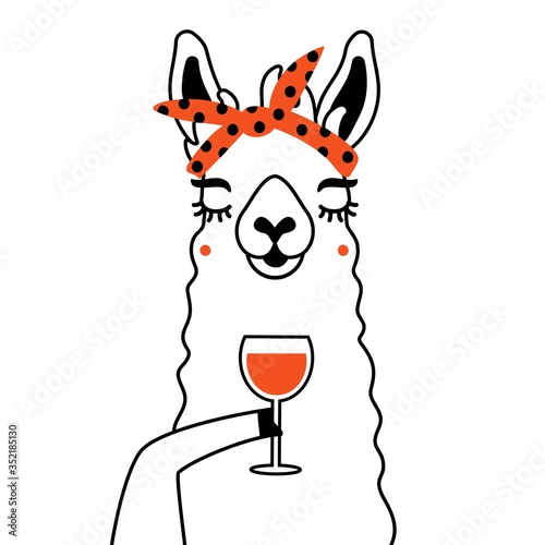 Vector illustration of llama with red glass of wine. Funny print design with animal, wall decoration paper