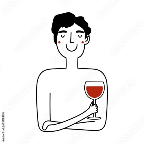 Vector illustration with doodle style man with glass of red wine. Funny wall decoration poster, apparel print design, greeting card template