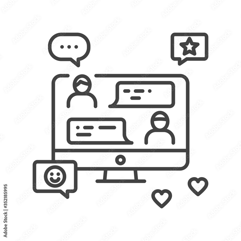 Online chatting on a computer black line icon. Internet communication. Home leisure. Vector isolated illustration. Editable stroke. Online chatting on a computer black line icon. Internet communication. Home leisure. Vector isolated illustration. Editable stroke.