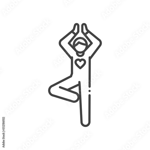 Faceless person stands in tree pose vrikshasana black line icon. Yoga pose. Asana. Home leisure. Vector isolated illustration. Editable stroke