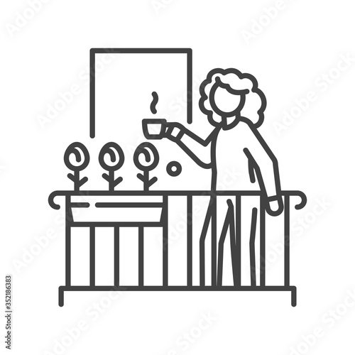 Woman are standing on balcony and drinking tea color line icon. Home facade balcony with window. Vector isolated illustration. Editable stroke.