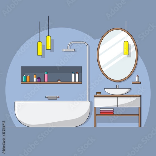 Bathroom interior with bathtub, sink and mirror. Flat style illustration