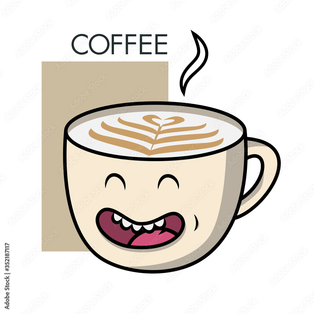 Coffee cup - flat white, cappuccino or latte. Smiling face. Funny cartoon  character. Vector illustration flat design. Stock Vector | Adobe Stock