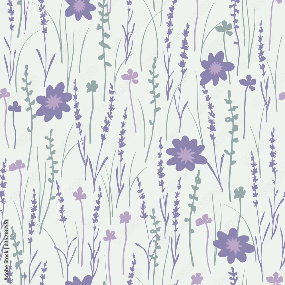 Meadow seamless pattern. Hand drawn flowers and lavender. Summer pastel print