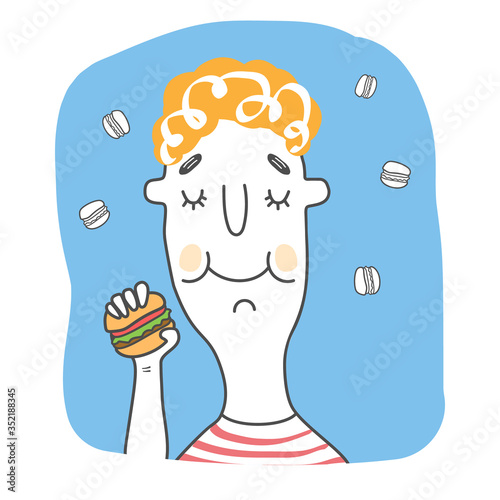 The boy holds a tasty burger in his hand