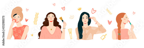 Creative set of young beautiful women puts on makeup. Modern flat vector illustration in trendy style isolated. Beauty and fashion concept.