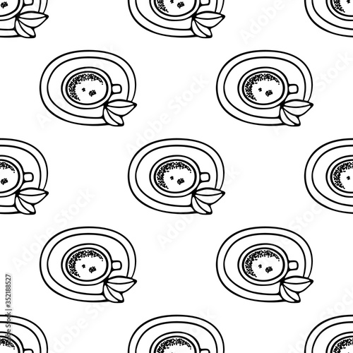 Large mug of coffee or cocoa on a saucer hand-drawn. Vector seamless doodle pattern on white background. Design for textile, print.