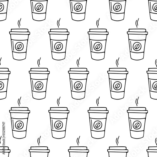 Paper cup of coffee hand-drawn. Vector seamless doodle pattern on white background. Design for textile, print.