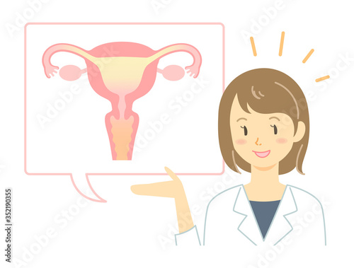 子宮のしくみを説明する白衣の女性のイラスト
