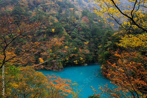 beautiful nature landscape emerald river in middle of the valley autumn season in japan.