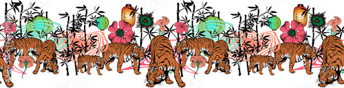 Fototapeta Naklejka Na Ścianę i Meble -  Seamless border of tiger and flowers. Suitable for fabric, mural, wrapping paper and the like. Vector illustration