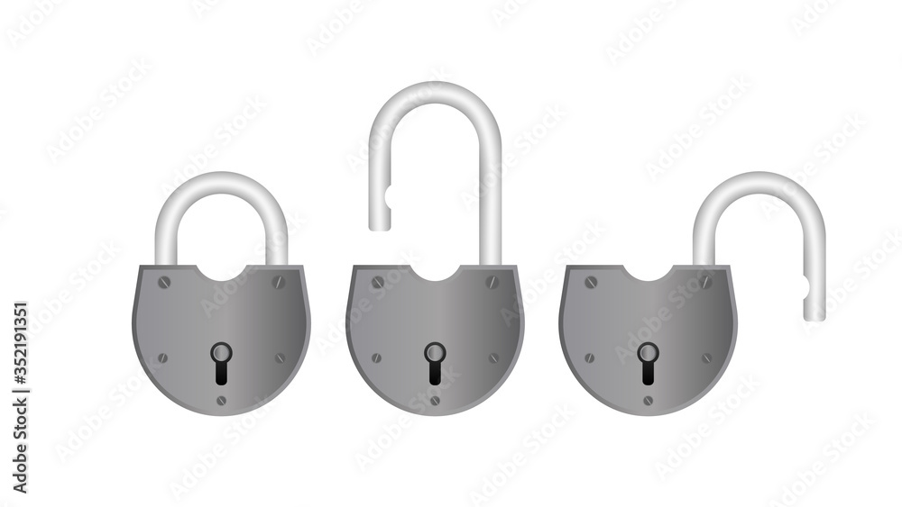 Set of Old metal padlocks. Antique closed padlock is isolated on a white background. Vector. Set of Old metal padlocks. Antique closed padlock is isolated on a white background. Vector.