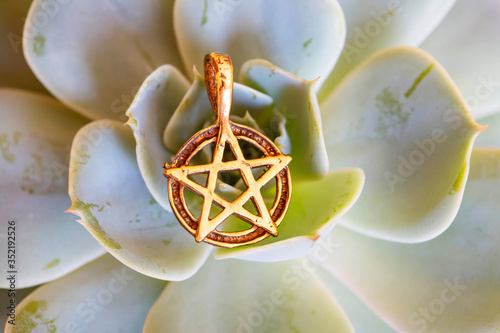 Beautiful elegant pendant in the shape of pentagram arranged on green houseleek photo