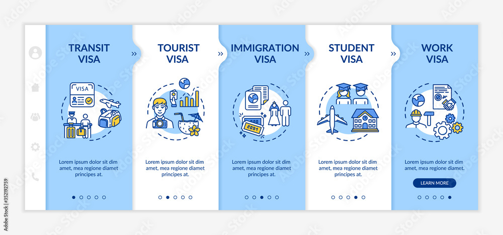 Visa approval onboarding vector template. Legal document for border control. Identity registration. Responsive mobile website with icons. Webpage walkthrough step screens. RGB color concept