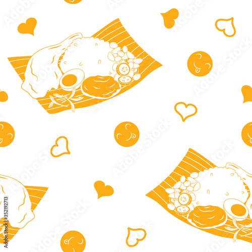 Hand drawn Malaysian nasi lemak outline seamless pattern background with yummy emoticon and heart. Malaysian national food. Asian food background. Great for menu, wallpaper, card design.