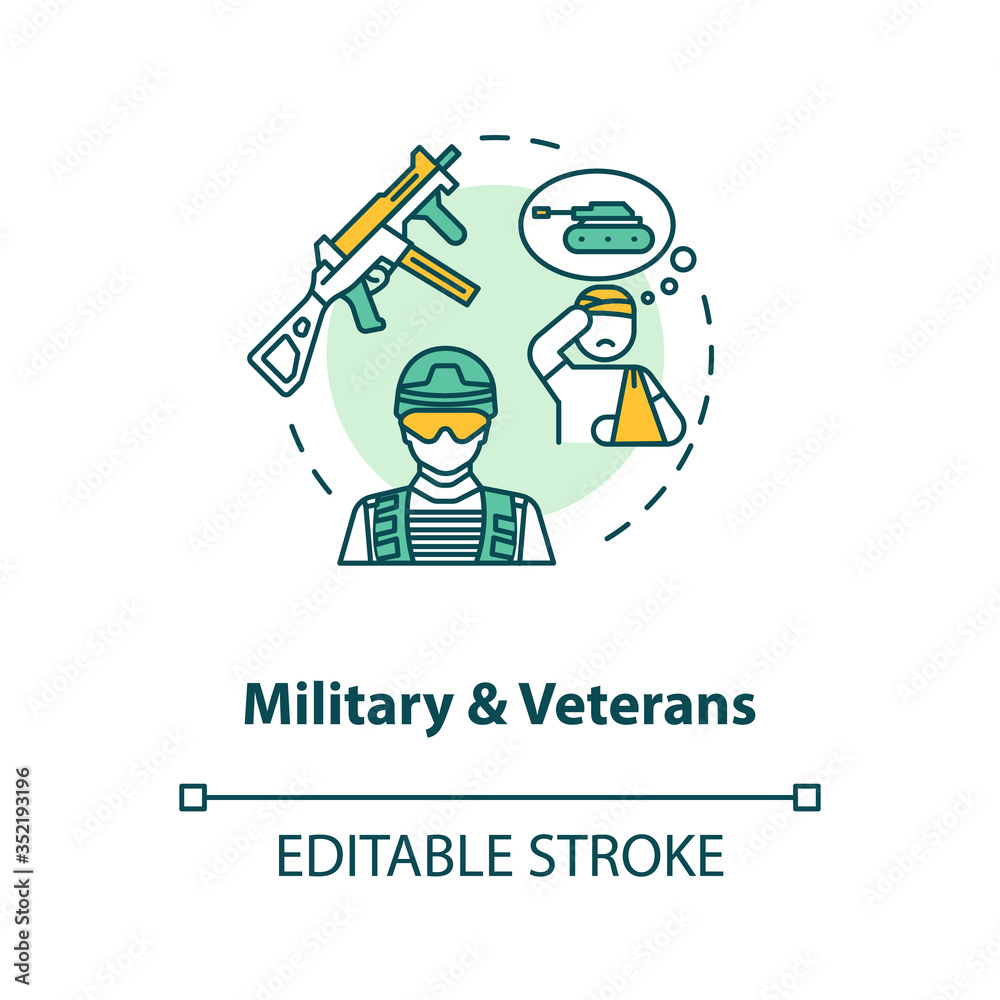 Military and veterans social service concept icon. War combats medical rehabilitation and emotional support thin line illustration. Vector isolated outline RGB color drawing. Editable stroke