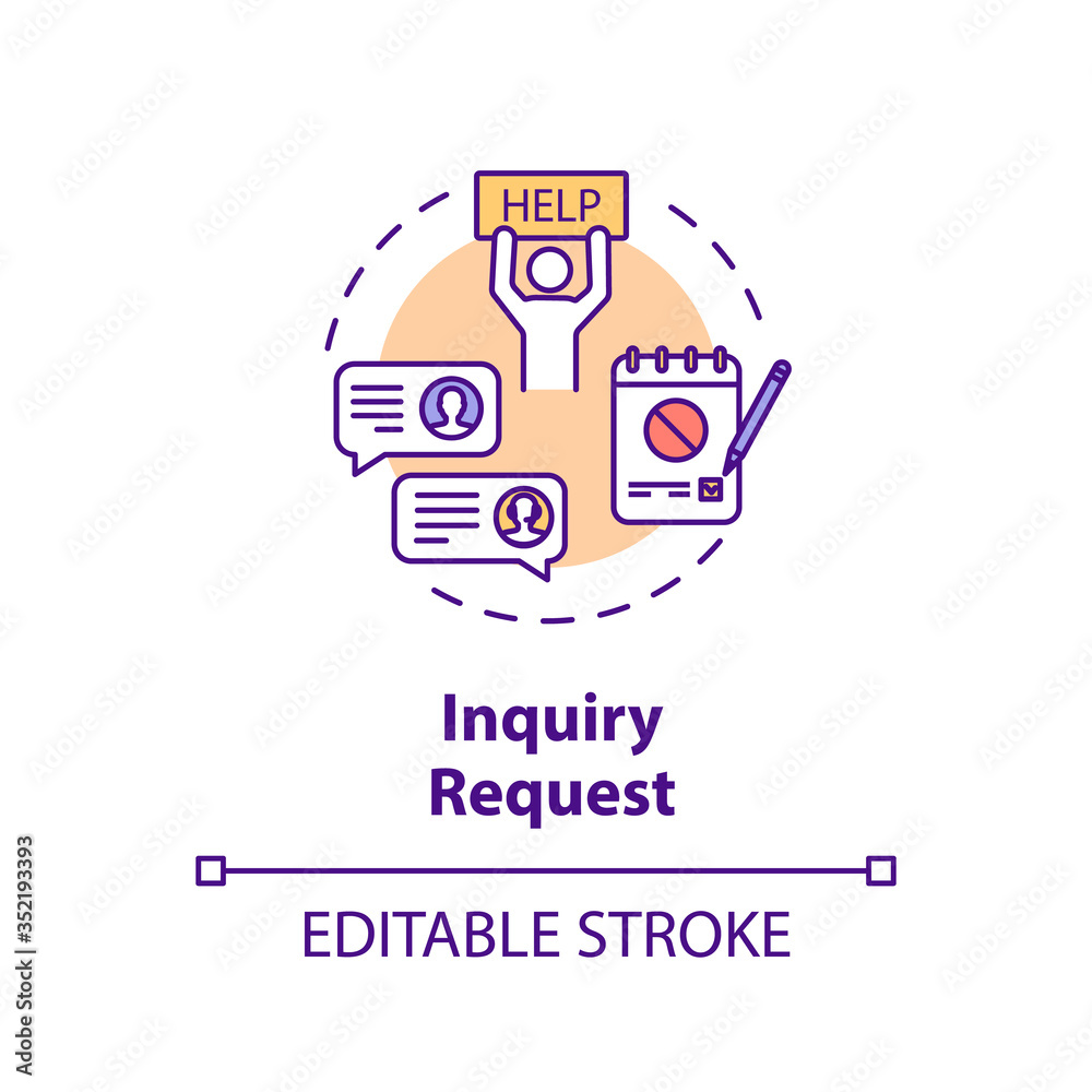 Inquiry request concept icon. Customer online support. Complaint letter thin line illustration. Social security. Clients survey. Vector isolated outline RGB color drawing. Editable stroke Inquiry request concept icon. Customer online support. Complaint letter thin line illustration. Social security. Clients survey. Vector isolated outline RGB color drawing. Editable stroke