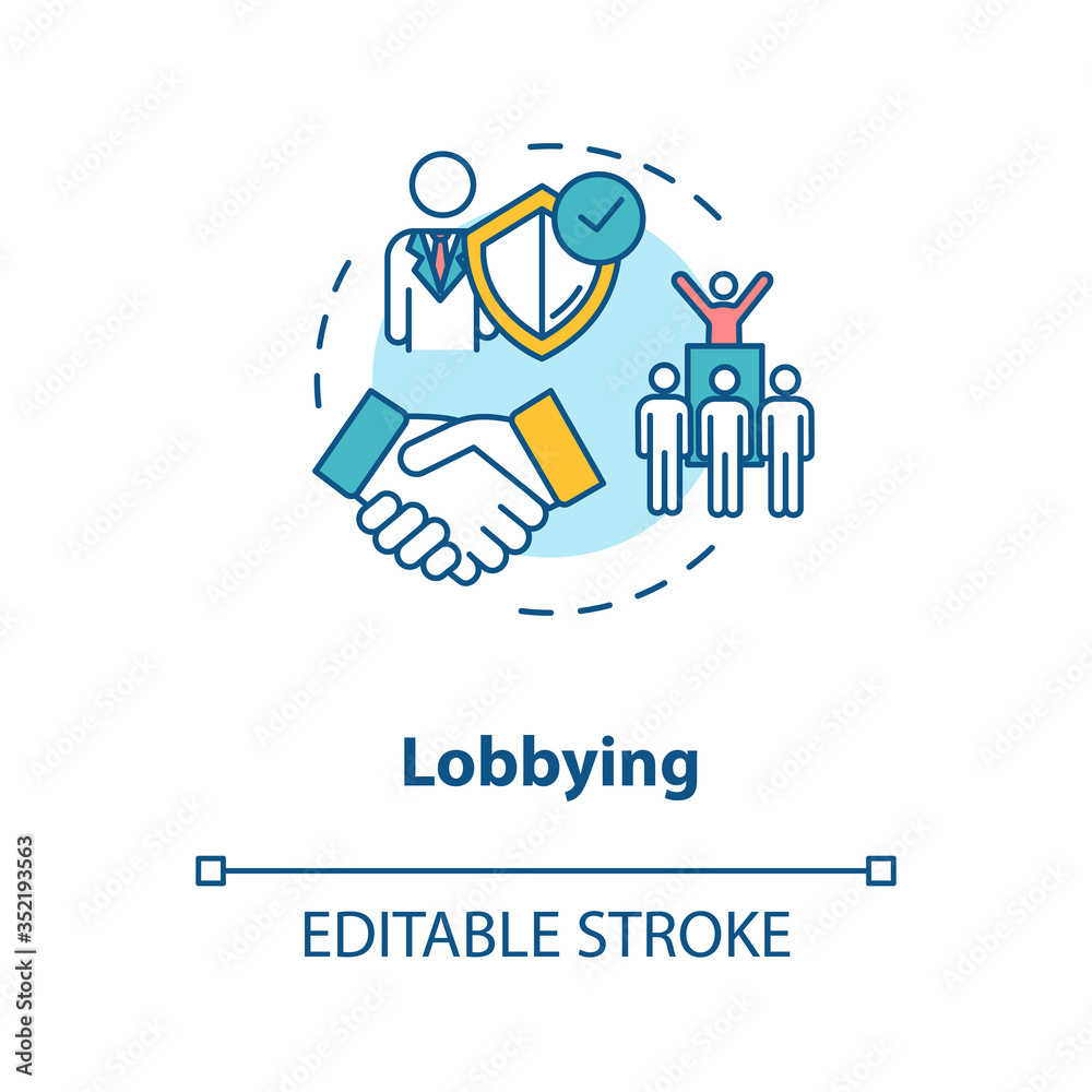 Lobbying concept icon. Social interest representation idea thin line illustration. Government persuasion. Legislators agreement. Vector isolated outline RGB color drawing. Editable stroke Lobbying concept icon. Social interest representation idea thin line illustration. Government persuasion. Legislators agreement. Vector isolated outline RGB color drawing. Editable stroke