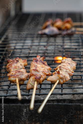 Thai street food-kebabs on the grill. fried pieces of pork on the coals. vertical close-up photo. outdoor