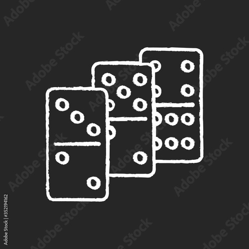 Dominoes chalk white icon on black background. Traditional tabletop game, gambling activity. Recreational activity, competitive game of chance. Domino pieces isolated vector chalkboard illustration