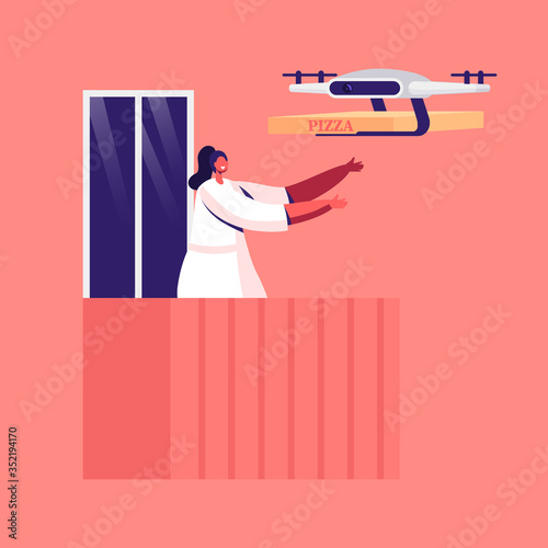 Female Character Stand on House Balcony Getting Pizza Box Order Delivering with Drone by Air. Futuristic Technologies in Post Mail and Shipping Service, Lockdown Isolation. Cartoon Vector Illustration