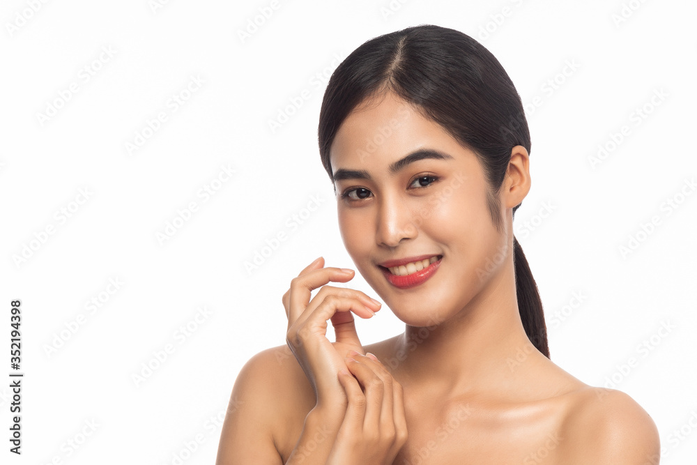 Beautiful Young Asian woman clean fresh skin with hands touching face isolated on white background. Facial treatment, Cosmetology, Beauty and skin care concept.