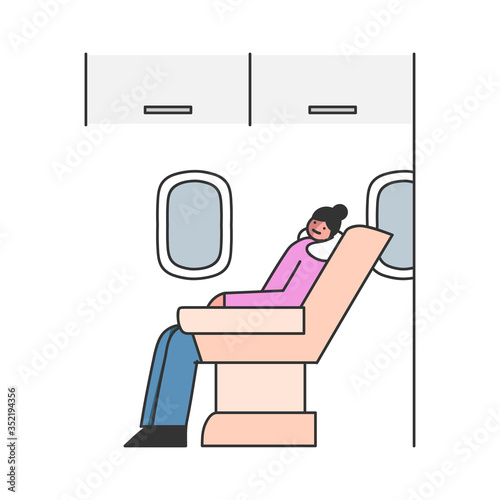 Woman airplane passenger sleeping. Cartoon female travel by plane in economy class