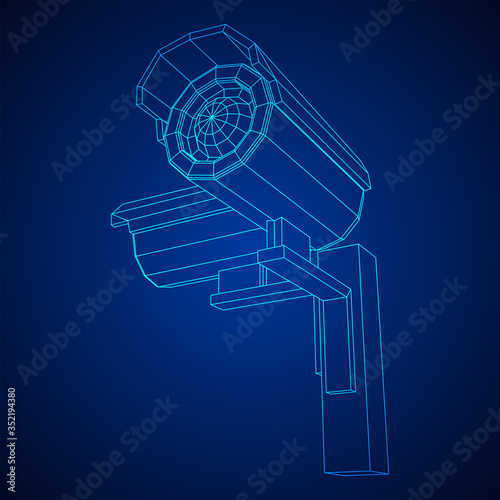 Modern video camera. Webcam viewing area. Safety, security concept. Wireframe low poly mesh vector illustration.