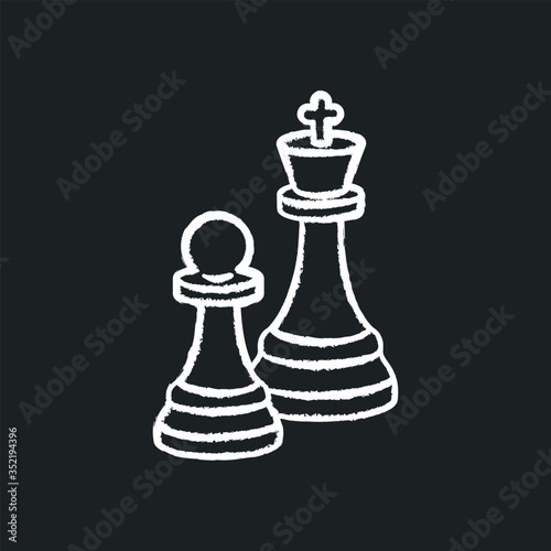 Chess chalk white icon on black background. Traditional board game, intellectual activity. Professional sport, strategic tabletop game. King and pawn figures isolated vector chalkboard illustration