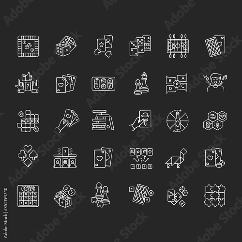Board games chalk white icons set on black background. Popular recreation activities, entertainment for family and friends. Different games played on table. Isolated vector chalkboard illustrations