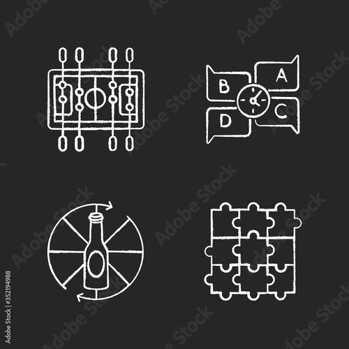 Friendly party games chalk white icons set on black background. Entertainment night activities. Table soccer, spinning bottle, jigsaw bottle and quiz. Isolated vector chalkboard illustrations