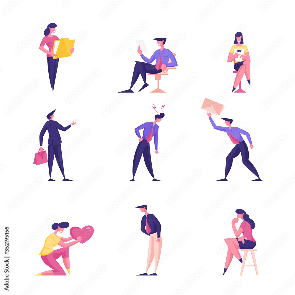 Set of Male and Female Business People Working with Documents Sitting on Chair in Office and Fighting. Characters with Cv Hiring on Job Waiting Interview, Woman Hold Heart. Cartoon Vector Illustration