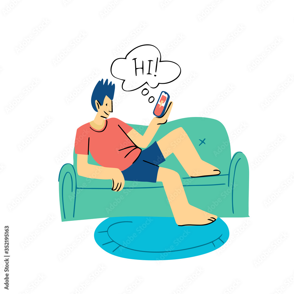 A man in a T-shirt and shorts sits on a sofa with a phone in his hands and communicates with his interlocutor. Stay at home, work from home, flowers in a pot, home office. Flat Vector Illustration. A man in a T-shirt and shorts sits on a sofa with a phone in his hands and communicates with his interlocutor. Stay at home, work from home, flowers in a pot, home office. Flat Vector Illustration.