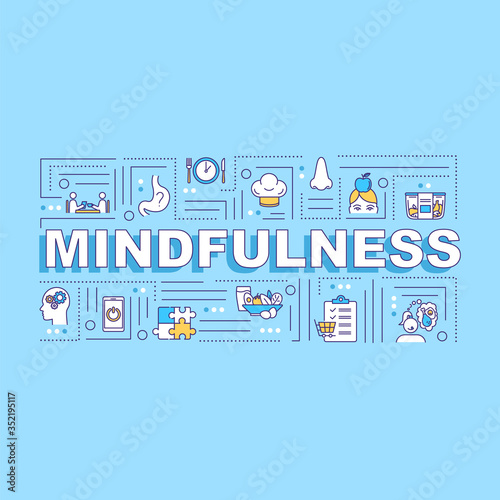 Mindfulness, conscious eating word concepts banner. Healthcare, mindful nutrition. Infographics with linear icons on blue background. Isolated typography. Vector outline RGB color illustration