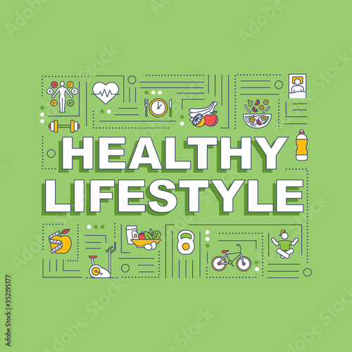 Healthy lifestyle word concepts banner. Conscious nutrition and sport exercises. Infographics with linear icons on green background. Isolated typography. Vector outline RGB color illustration