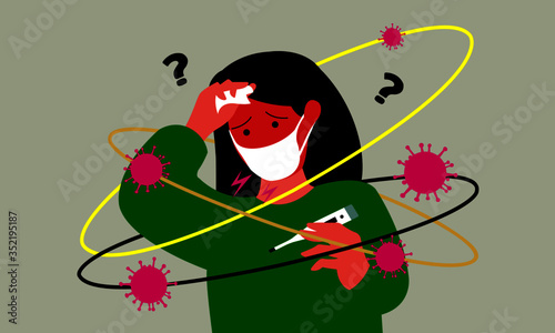 Have a fever,Paranoid, suspicious and worried about getting infected with the Covid-19 virus.Thermometer, high fever.Use tissue to wear a mask to prevent germs from spreading.